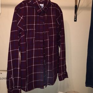 Burgundy, blue, and white plaid button up.